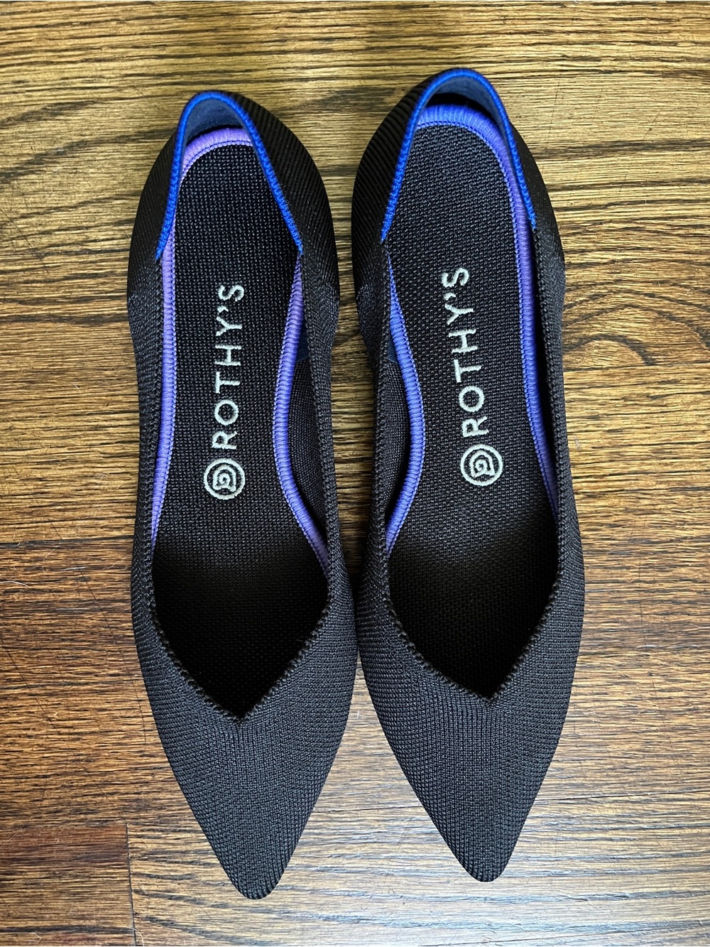 Like New Rothy's Black Pointed Knit Flats with Blue Trim